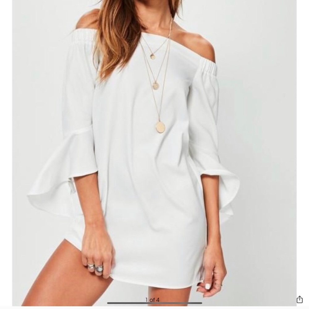 Misguided Bardot Ruffle Sleeve Shift Dress White